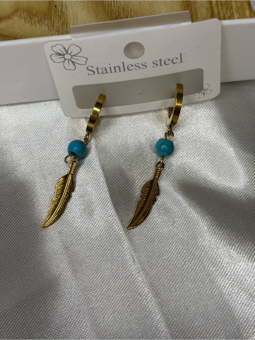 New Stainless Steel Gold Plated Feather Drop Hoop Earrings with Turquoise Bead